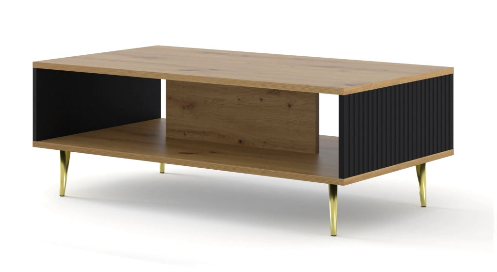 TAVOLINO DA CAFFÈ RAVENNA B IN MDF RIVESTITO IN FOGLIO 90x60x45 ROVERE ARTIGIANALE NERO OPACO GAMBE ORO