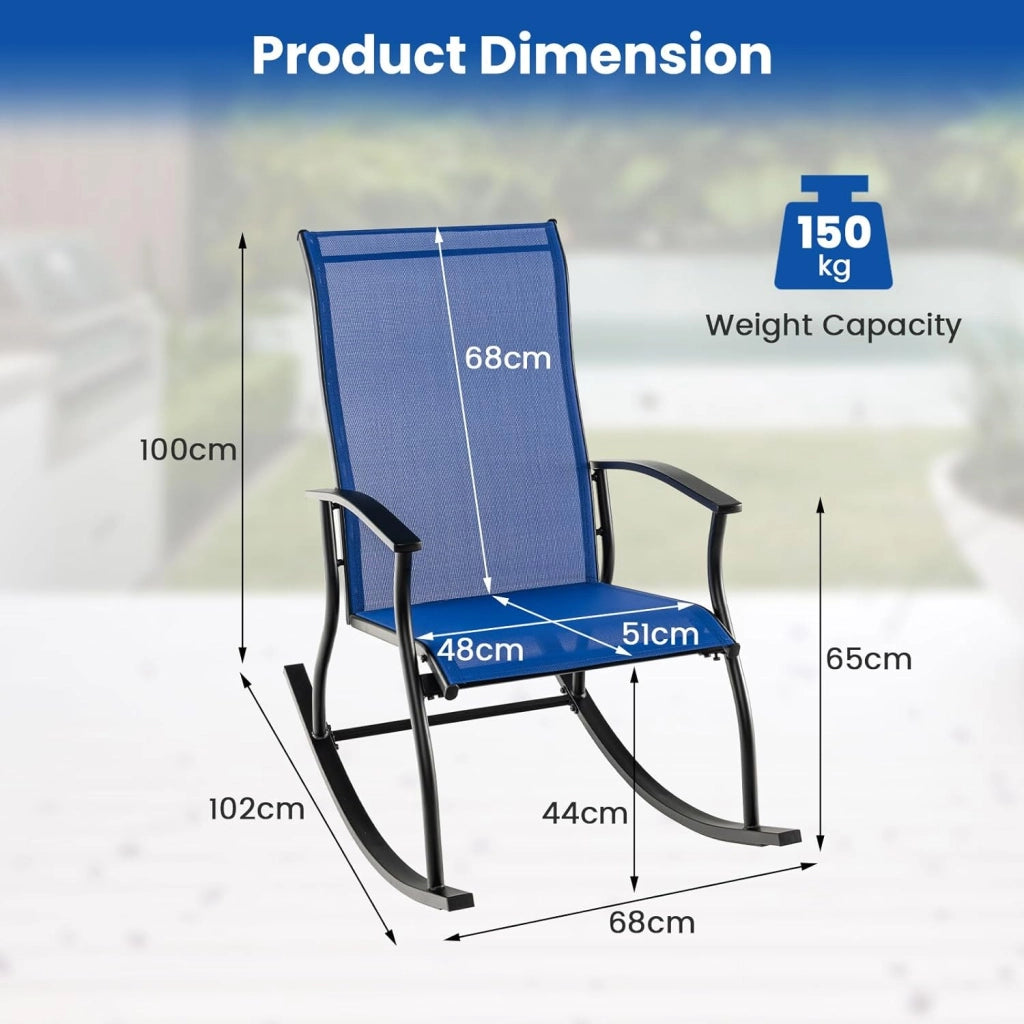 Set di 2 sedie a dondolo per giardino, sedie a dondolo da esterno, con schienale ergonomico e sedile traspirante, tessuto resistente all'usura, per terrazza, patio, piscina, colore blu
