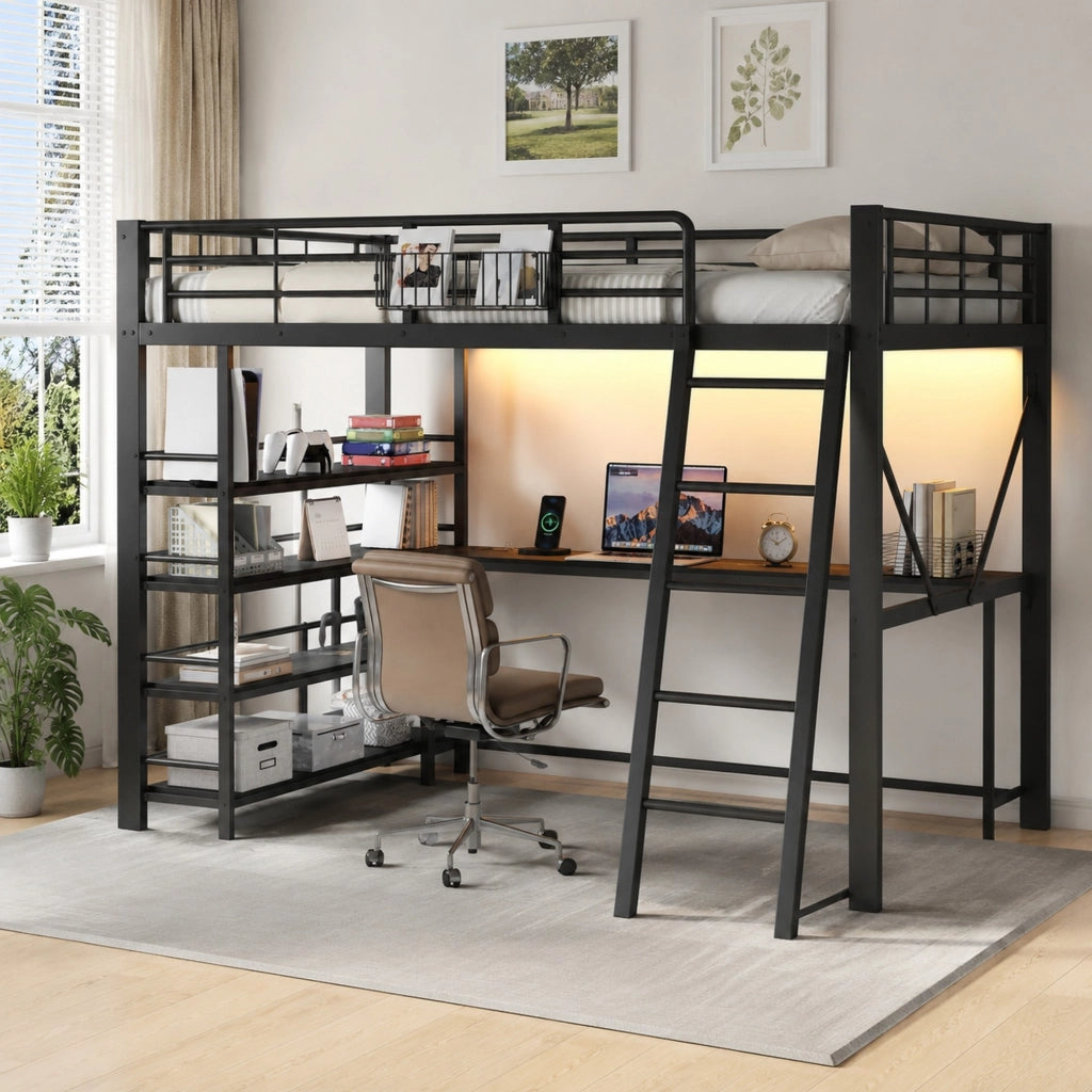Letto a soppalco 140 × 200 cm con scrivania e ripiani in metallo e MDF nero LED e ricarica