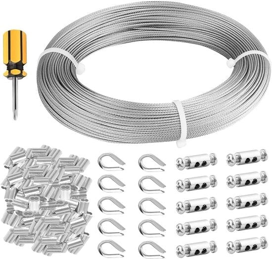Cavo di Acciaio Inossidabile 304 a 100m con Core di 7x7 Filamenti e Anello di Raccordo in Alluminio per Guide di Illuminazione Fotografica, Linee di Abbigliamento e Pesca