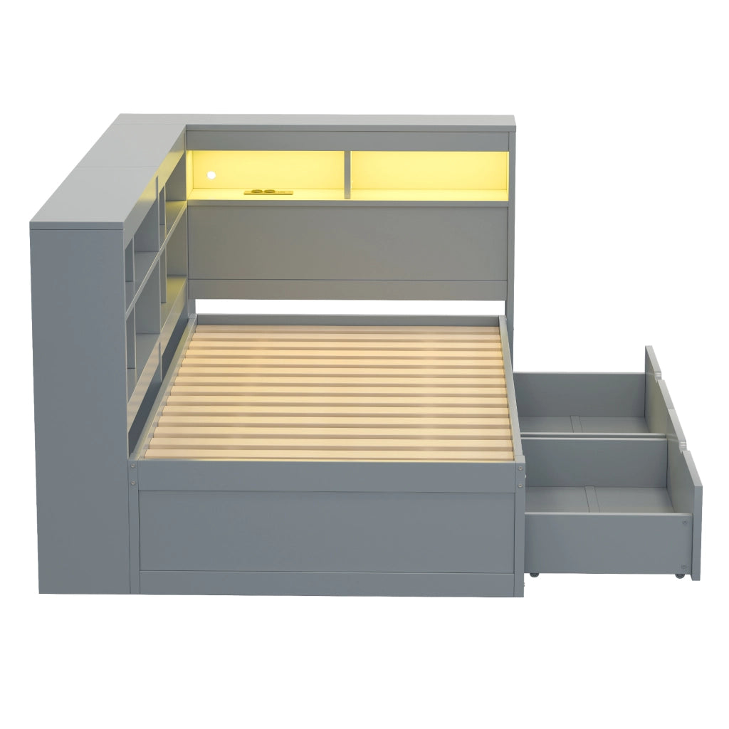 Divano letto multifunzionale 90x200 cm in legno; con contenitore; USB e LED; grigio