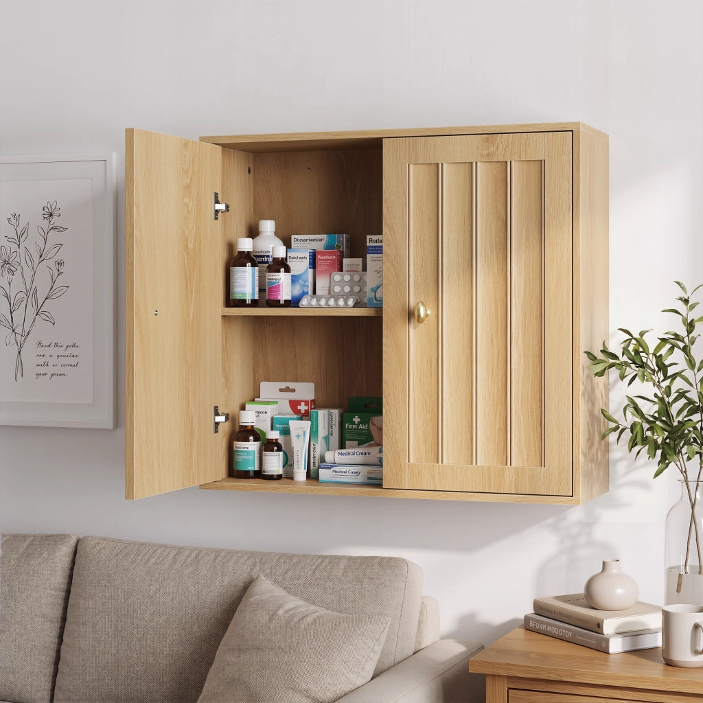 Mobile bagno pensile a 2 ante con design a scanalature verticali, colore rovere