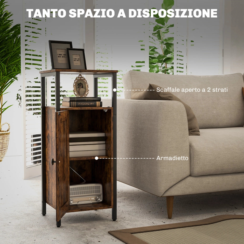Comodino Industriale con 2 Ripiani e Scaffale Interno Regolabile. in Legno e Acciaio. 34x30x80 cm. Marrone