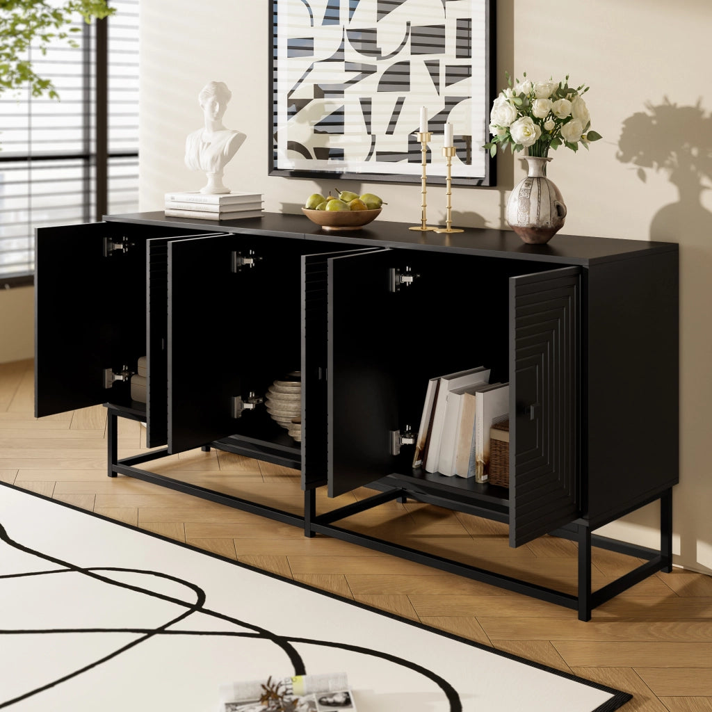OKWISH Credenza Contenitore con 3 Vani Chiusi, Finitura Opaca e Ante in Rilievo, per Soggiorno o Ufficio, Nera, 160 × 38 × 75,5 cm