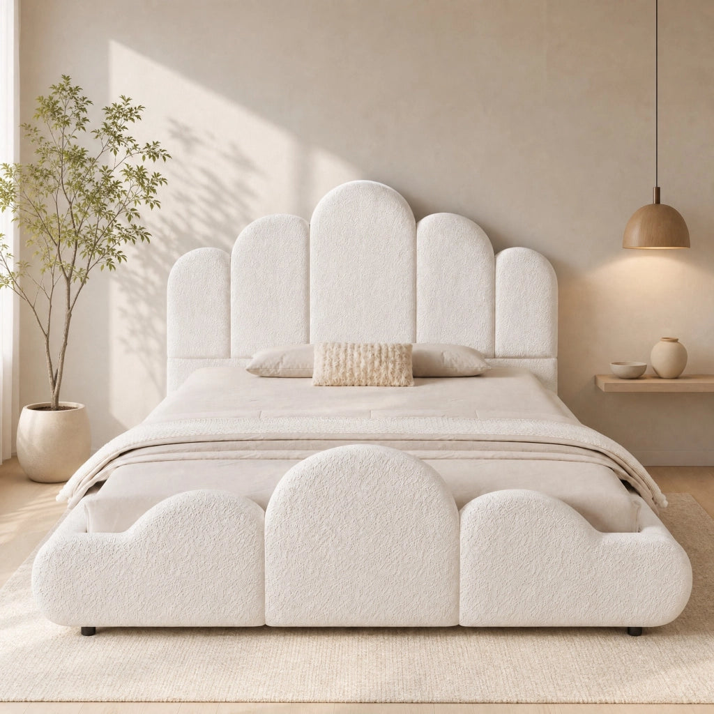Letto per bambini imbottito 140x200 cm in bouclé beige con testiera e struttura con rete a doghe