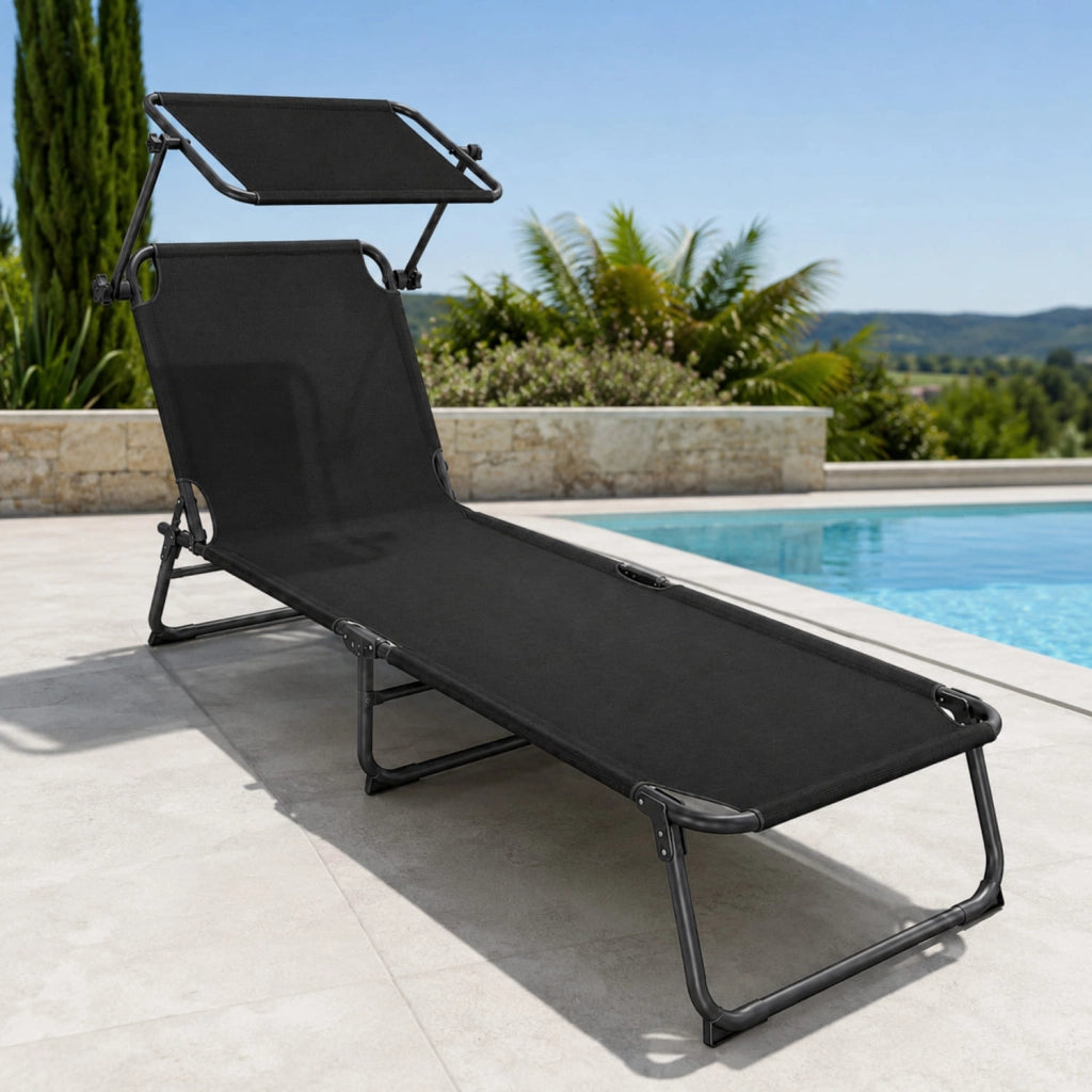 Lettino Pieghevole Sdraio Con Tettuccio Regolabile Schienale Reclinabile Parasole Prendisole Struttura In Metallo Sedia Sdraio Per Mare Spiaggia Giardino Piscina 187 x 53 x 24 Cm Nero