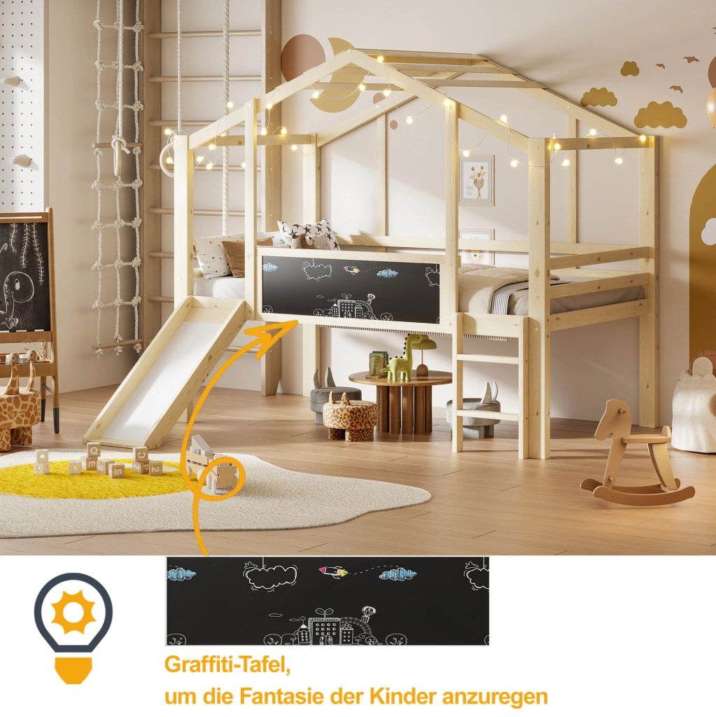 Letto a soppalco per bambini 90x200 cm in legno massello con scivolo e lavagna