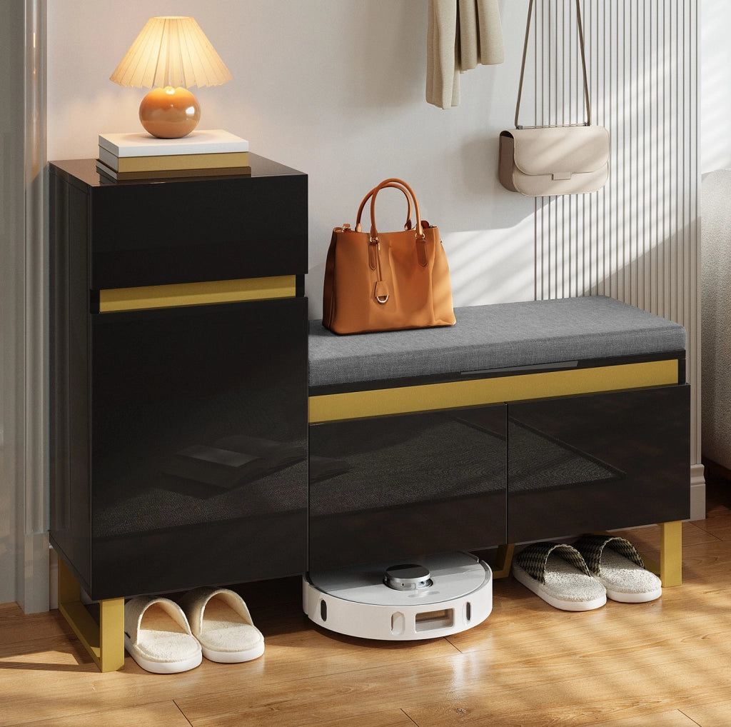 Scarpiera multifunzione con panca e cuscino; 120x35x85 cm; MDF nero lucido con dettagli oro