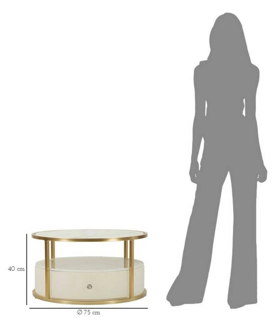 Tavolino da salotto Stabia, Tavolo basso da caffè, Portariviste per divano, Ripiano da soggiorno, 75x75 h40 cm, Bianco e Oro