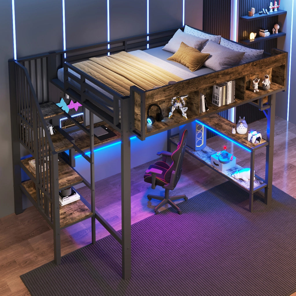 Letto a Soppalco 140 x 200 cm - Scrivania Angolare; Contenitore; USB; Presa e LED