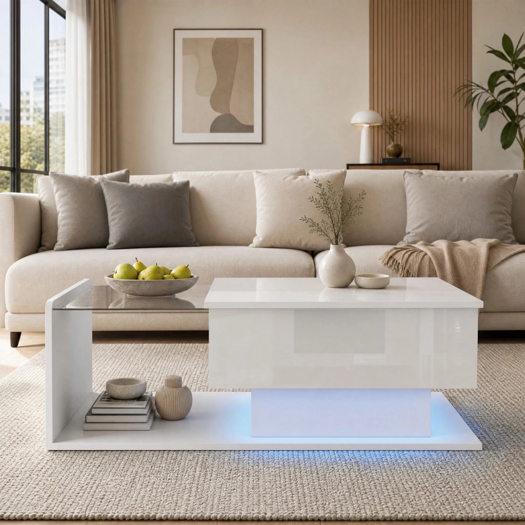TAVOLINO DA SALOTTO ALZABILE 100x50x33/47,5 cm Bianco Lucido con piano in vetro