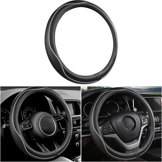 Copri Ruota Sterzo Pelle 37-38 cm Senso di Sudorebreve Resistente Universale Protezione per Ruote di Auto - Nero e Bianco - Presa Comoda