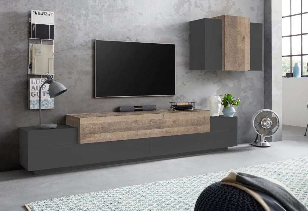 Parete attrezzata porta TV moderna pensile sospeso antracite legno Stady AP