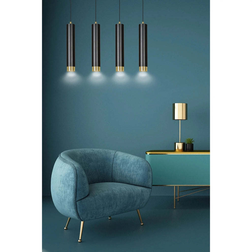 Lampadario 4 Luci Brunilde In Acciaio Nero E Tubolari In Nero E Oro