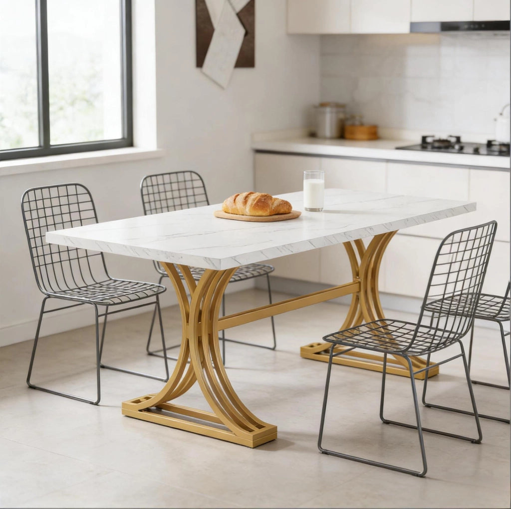 Tavolo da pranzo 160x80 cm in marmo artificiale e metallo bianco e oro