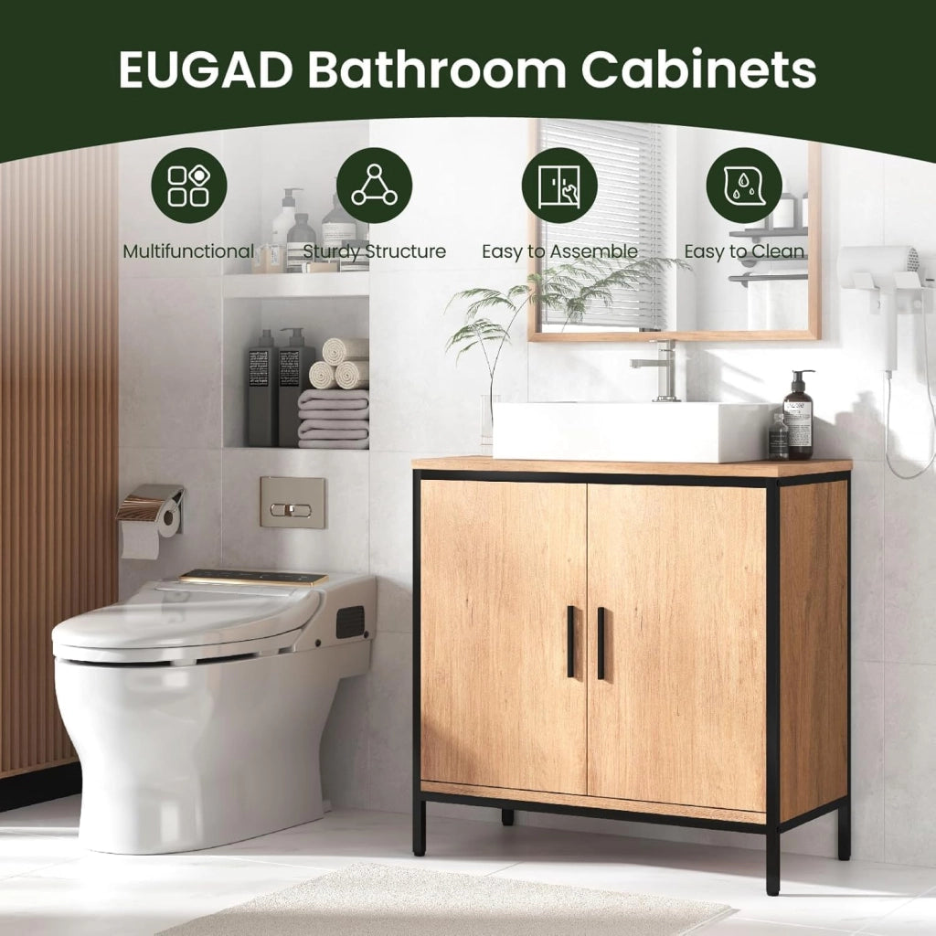 Set di Mobili da Bagno Salvaspazio, Armadietto da Bagno con Specchio, Mobiletto Copricolonna con Ripiano, Rovere Chiaro+Nero