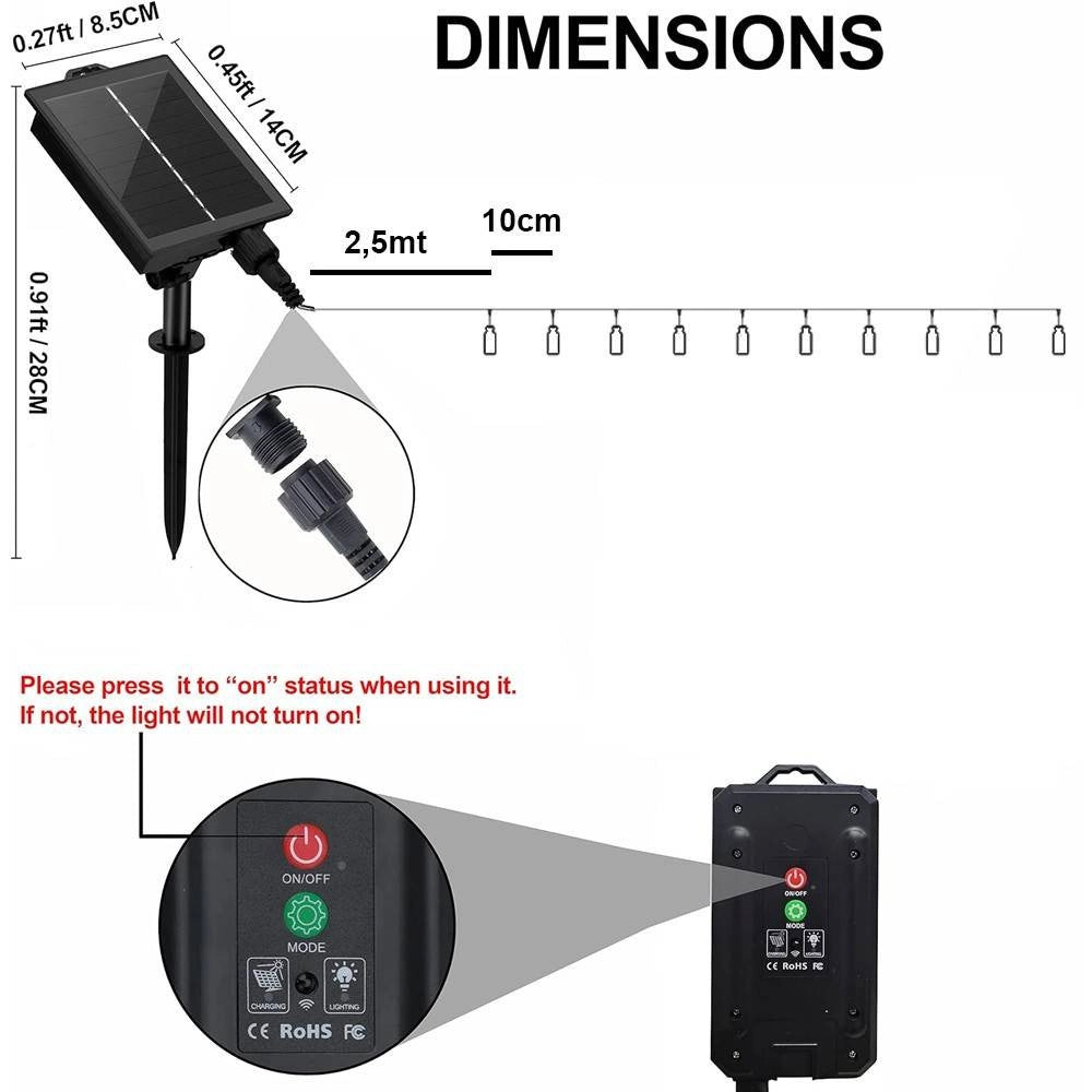 Trade Shop - Catena Luminosa Microled Da 10mt 100led Con Pannello Solare Ricaricabile Esterno -