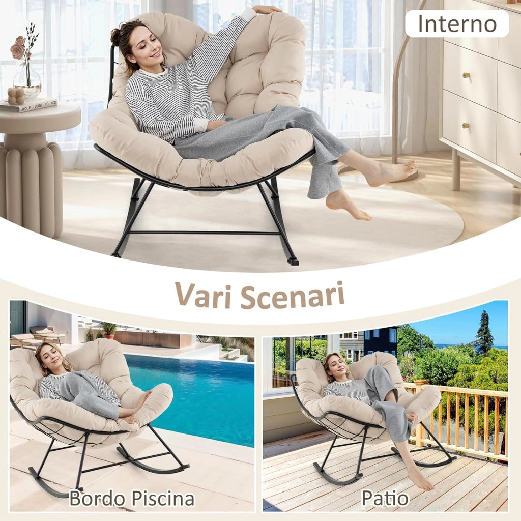 Sedia a Dondolo, Poltrona Relax Ergonomica, Poltrona Sovradimensionato con Cuscino Imbottito, Sedia a Uovo con Struttura Metallica, per Soggiorno Portico Giardino, Portata 205 kg (Beige)