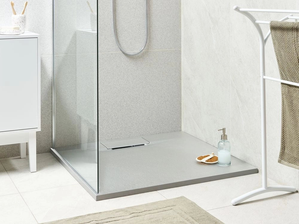 Piatto doccia con scarico grigio SMC 90 x 90 x 3 cm effetto pietra naturale minimalista
