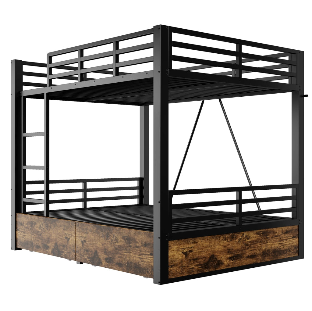 Letto a castello 140x200 cm con cassetti; scala e sponde in metallo e legno nero