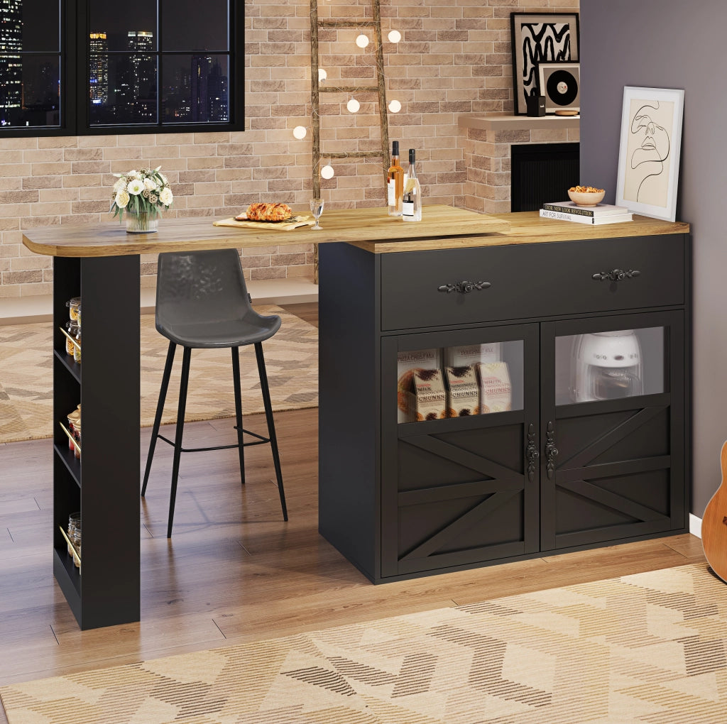 Tavolo bar 138-204x39x104 cm girevole con vani portaoggetti in MDF nero