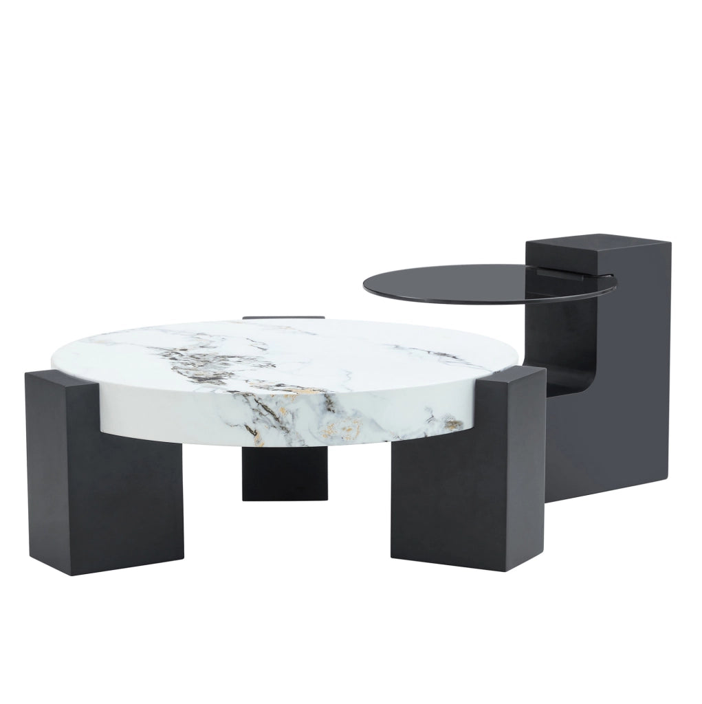 Tavolino da salotto rotondo a due livelli con piano effetto marmo; bianco e nero; MDF e vetro