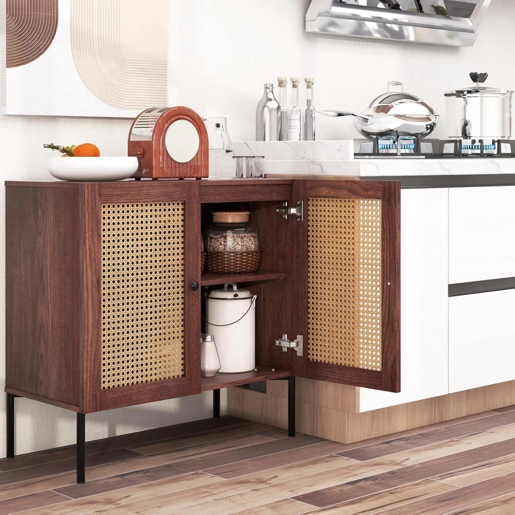 Credenza, credenza, credenza, credenza da cucina, con 2 ante e scomparti regolabili, armadietto a buffet, in legno e rattan, 80 cm x 40 cm x 80 cm (marrone)
