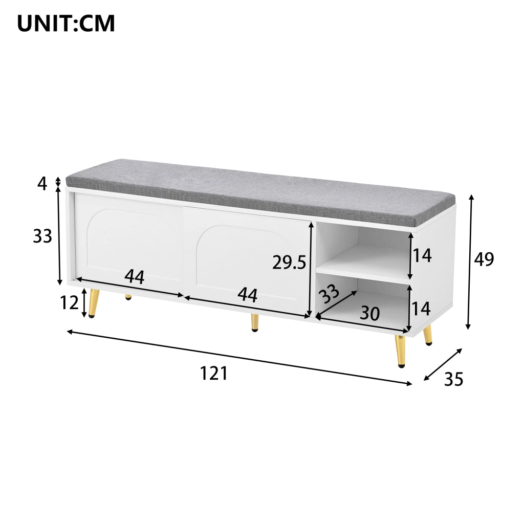 Mobile da ingresso con seduta imbottita, ante rimovibili e ripiani, per ingresso e camera da letto, bianco, 121 × 35 × 49 cm