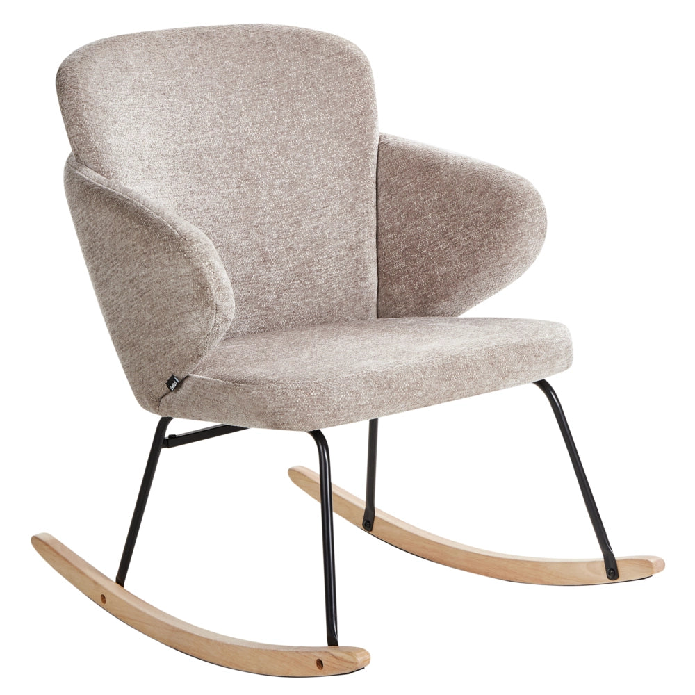 Sedia a dondolo in tessuto tortora gambe in legno e metallo pattini design moderno soggiorno