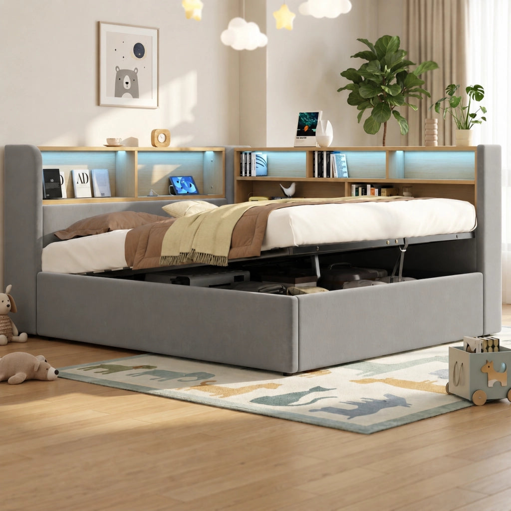 Letto contenitore 140x190 cm con sollevamento idraulico; LED; prese USB e rivestimento in velluto grigio