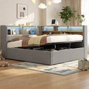 Letto contenitore 140x190 cm con sollevamento idraulico; LED; prese USB e rivestimento in velluto grigio