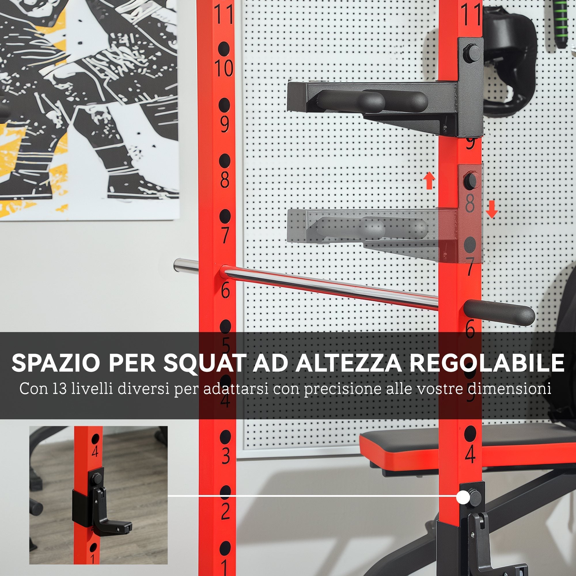 Stazione Fitness 191x153x205 cm Bilanciere Trazioni e Dip in Acciaio Rosso e Nero