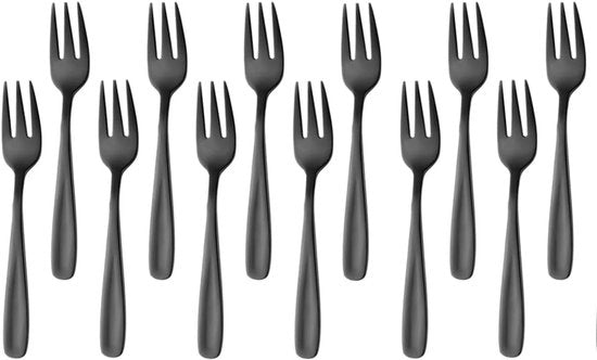 Set di forchette per tartine - 12 pezzi - Adatto per dessert - Acciaio inossidabile - Nero - 13,6 cm