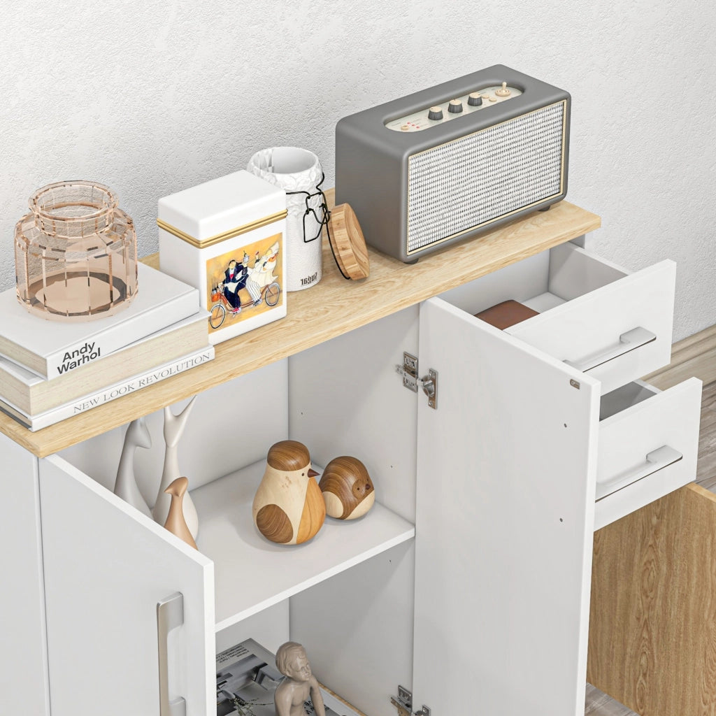 Buffet con 3 ante, 2 cassetti e ripiano regolabile ¨C zephmum ¨C bianco e legno naturale 90x30x75.5
