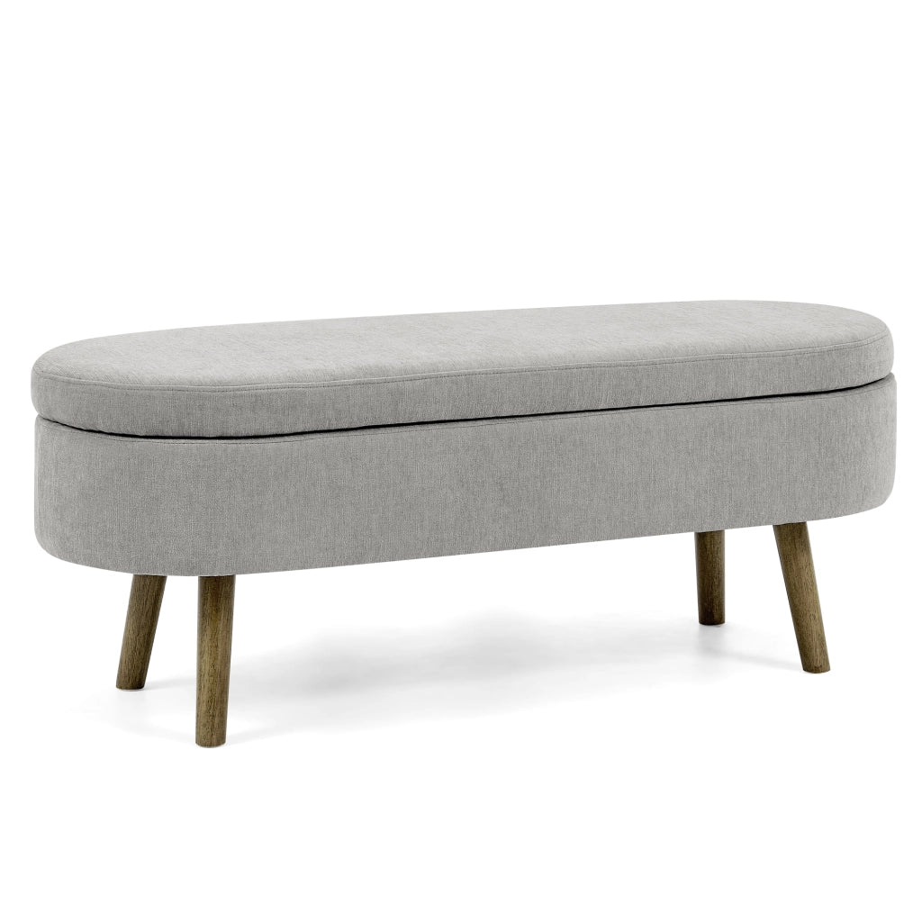 Panca contenitore in Chenille grigio con struttura in legno massello e vano 20 L