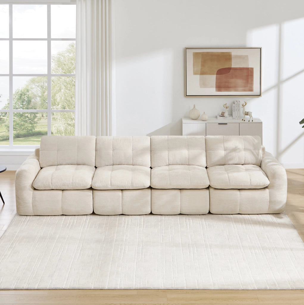 Divano modulare 334x97x68 cm in chenille beige; design senza telaio con seduta ampia e profonda
