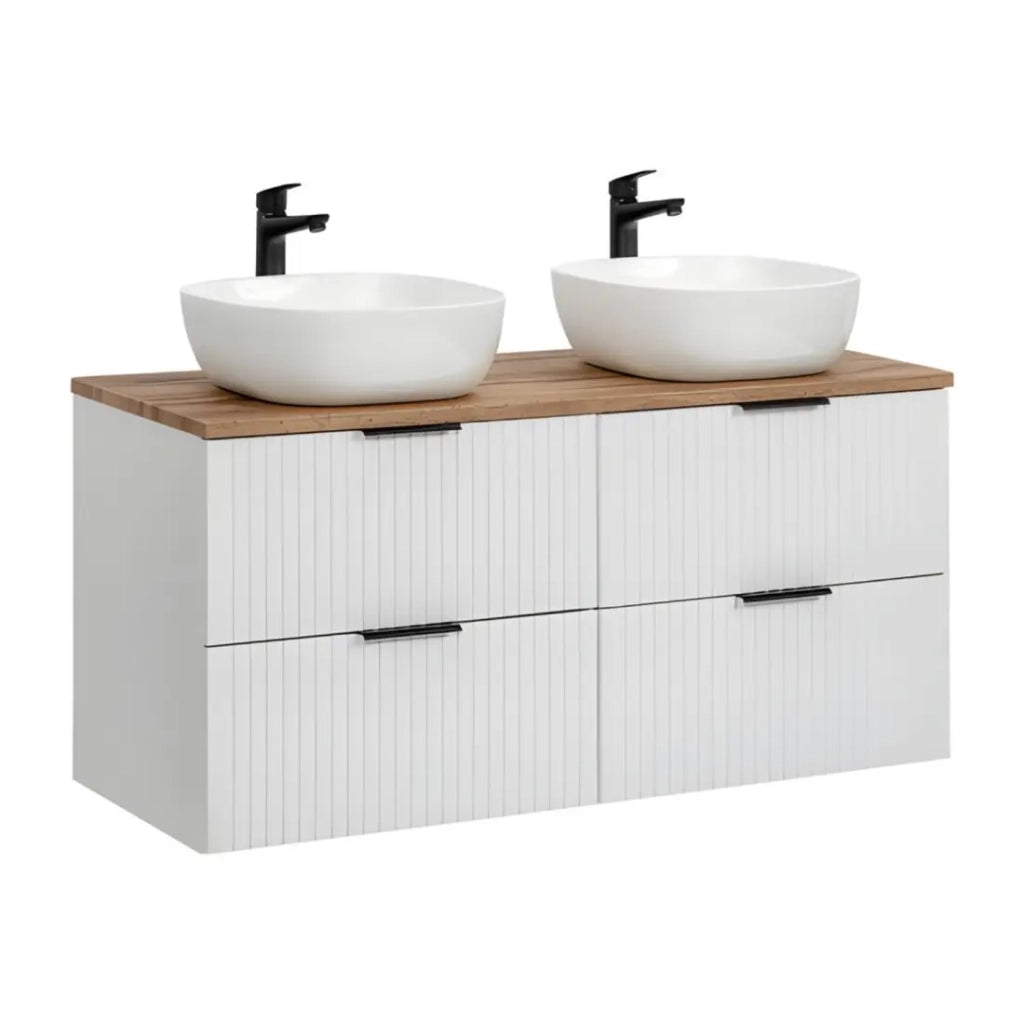 Set bagno NOXERA 120 cm - Bianco opaco e quercia - 2 lavabi rotondi da appoggio