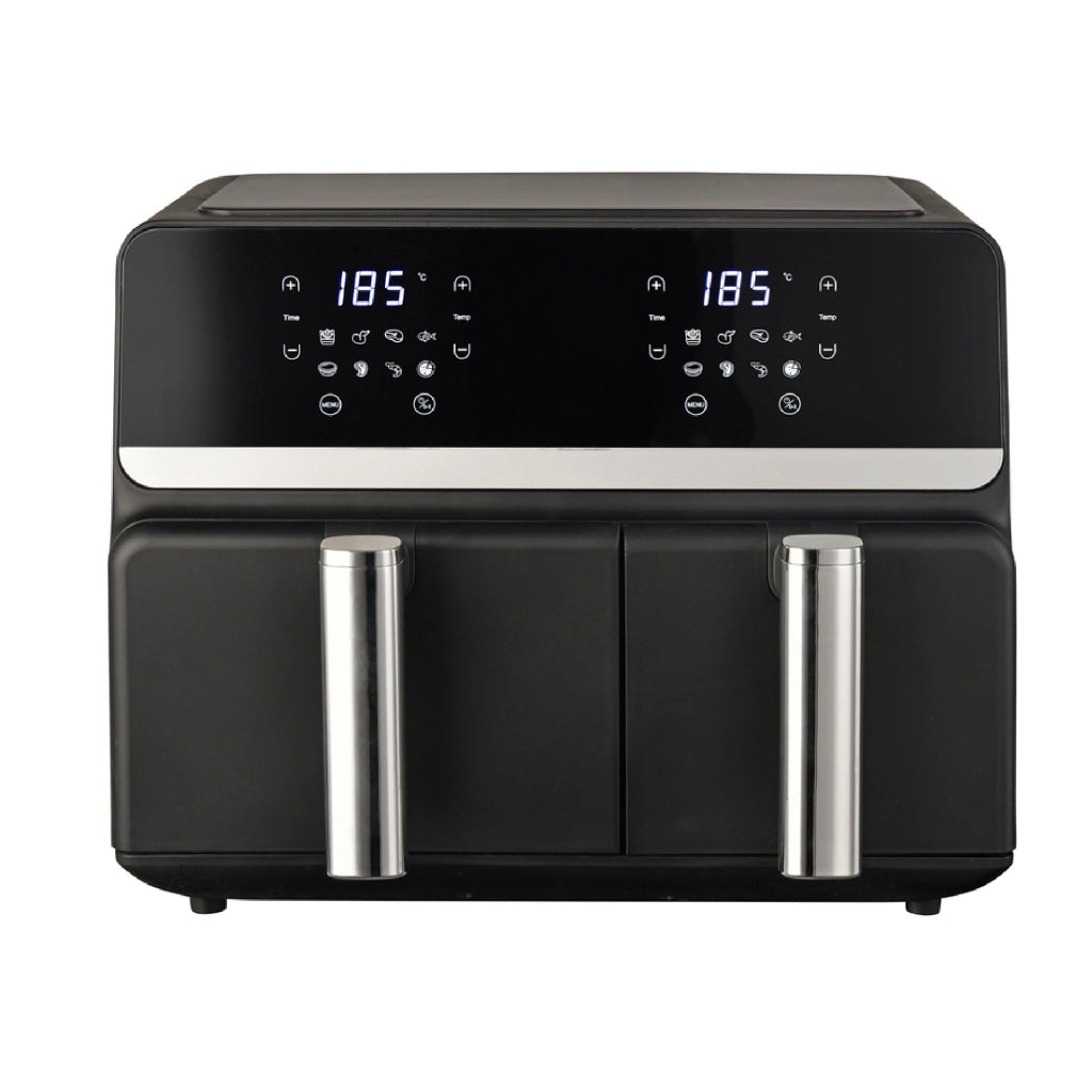 Friggitrice ad Aria 9L Doppio Cestello Digitale XXL, 2 Zone di Cottura Indipendenti, Display LED Touch, 8 Programmi, Temperatura Regolabile, 2400W, Nero 9 Litri - Nero