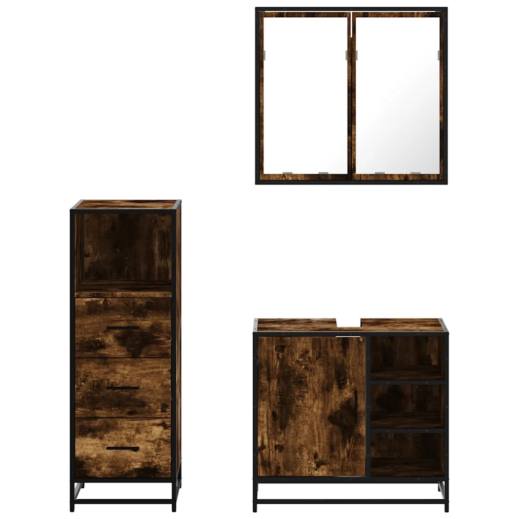 Set Mobili da Bagno 3 pz Rovere Fumo in Legno Multistrato