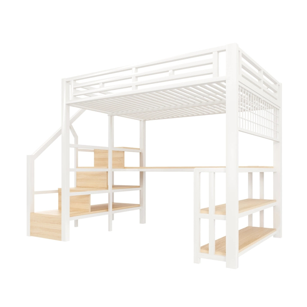 Letto a soppalco 140x200 cm con scrivania; LED e prese USB in metallo e MDF bianco