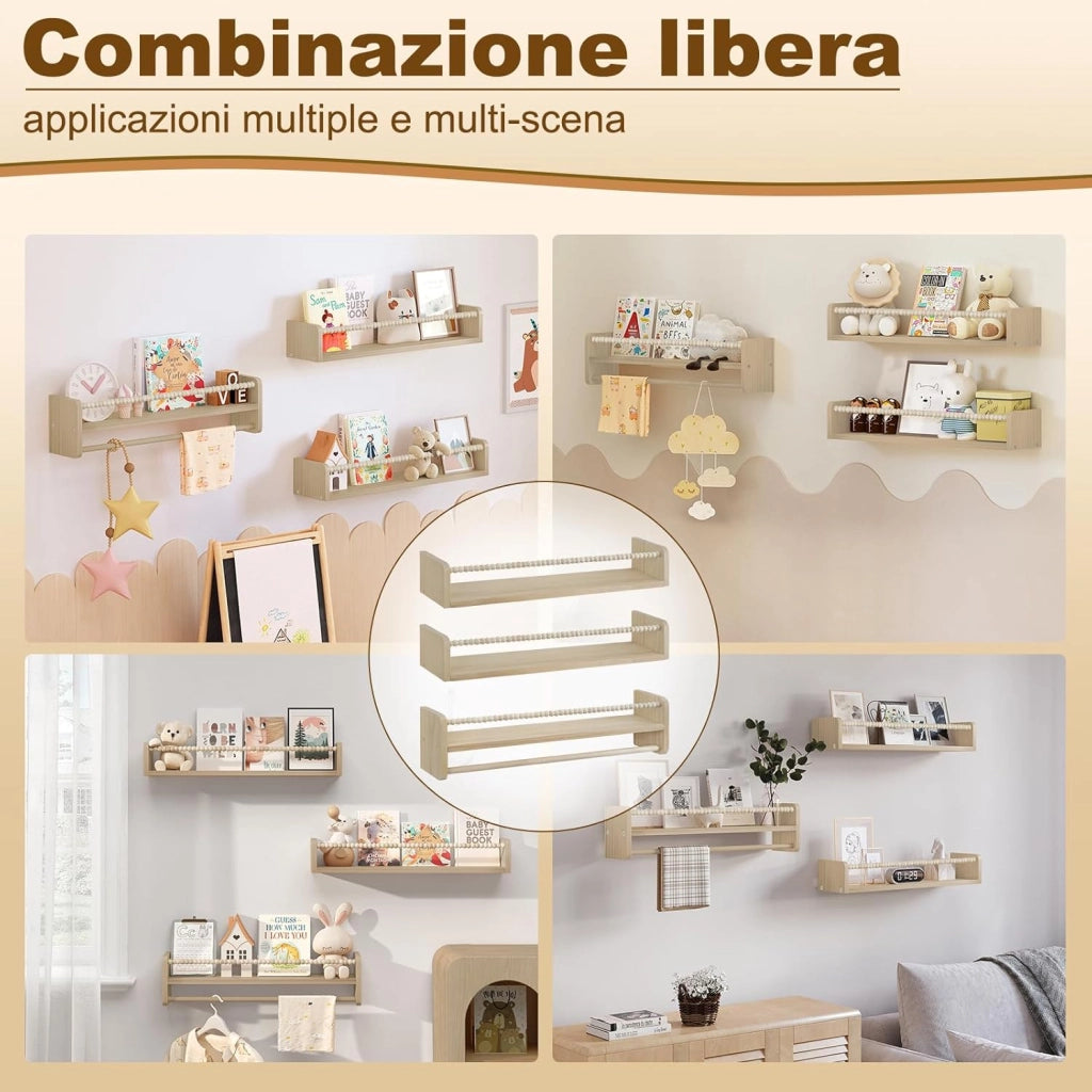 Librerie per Bambini da Parete in Legno Massello, 60 cm Set di 3 Porta Libri per Cameretta, Scaffale Libri per Bambini, Librerie da Parete Piccole con Perline