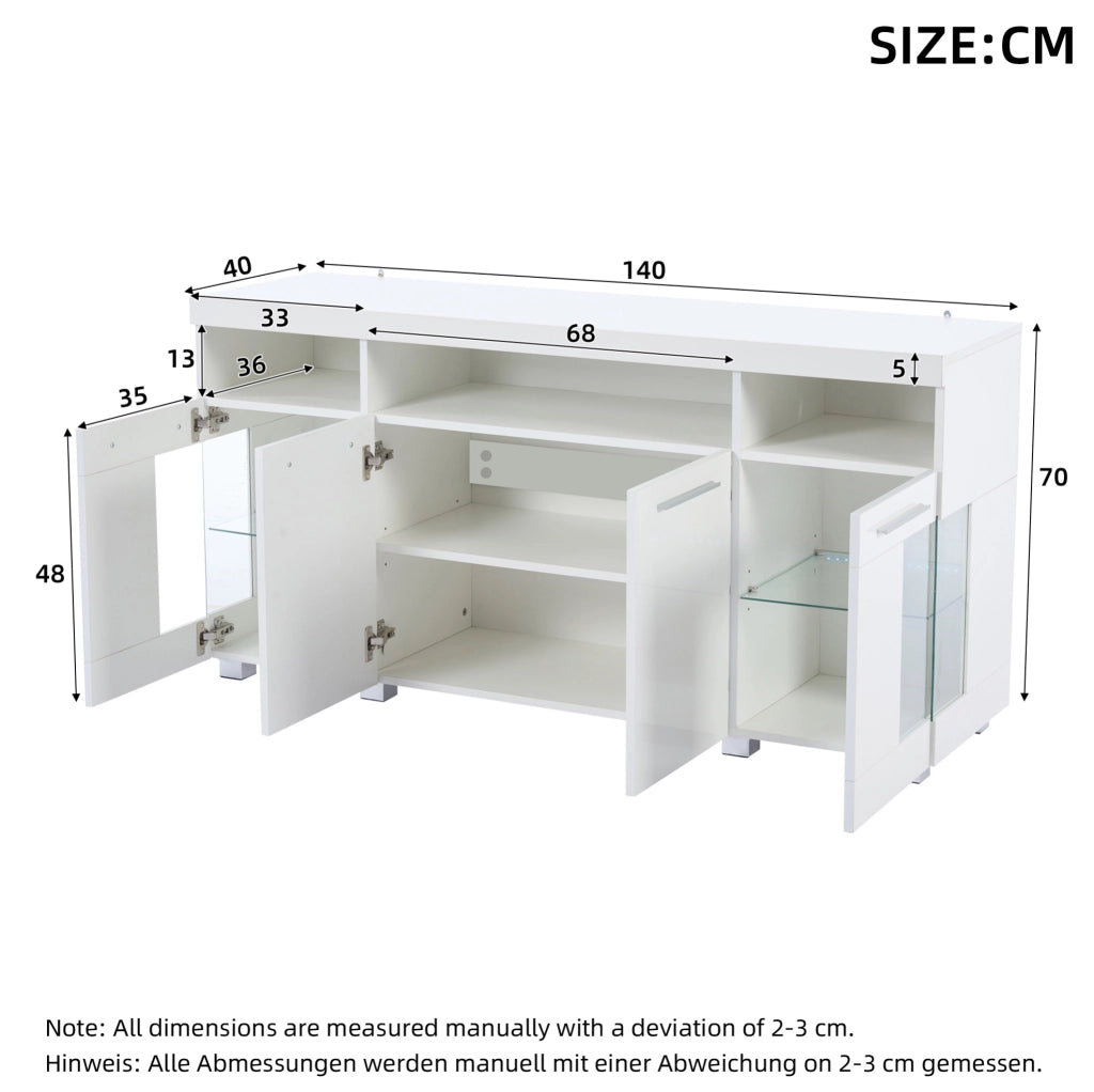 Credenza bianca 140x40x70 cm con LED integrato e ante in vetro temperato