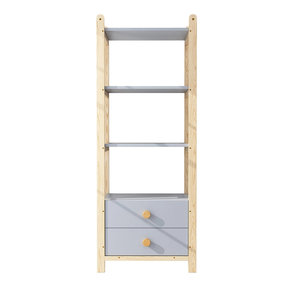 Libreria 4 ripiani 70x44x180 cm - Xylo - con 2 cassetti, struttura pino, maniglie legno, blu e naturale