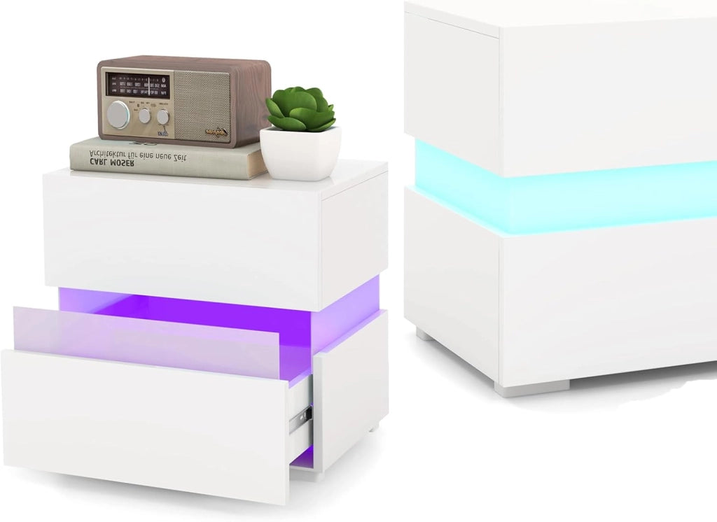 Comodino Camera da Letto con Luce LED, 22 Modalità di Luce, 10 Velocità, 5 Luminosità e Telecomando, Comodino Piccolo con 2 Cassetti,Tavolino Moderno per Soggiorno, Studio (2, Nero)