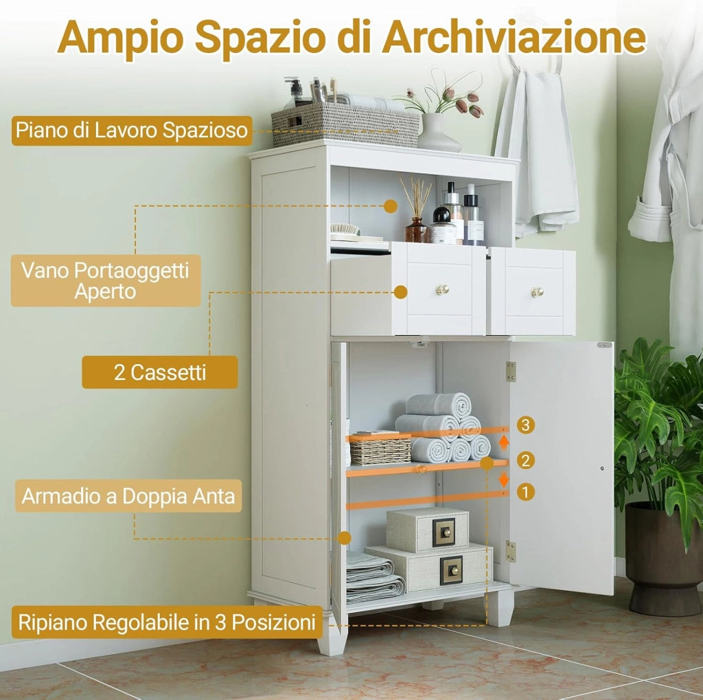 Mobile per Bagno, Armadietto Moderno Salvaspazio con Ante, Ripiani, Cassetti e Piedi in Legno di Pino Massiccio, Mobiletto per Soggiorno, Corridoio e Ingresso, 56 x 30 x 108 cm (Bianco)