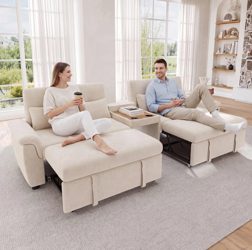 Divano letto multifunzionale beige con modulo centrale e schienale regolabile
