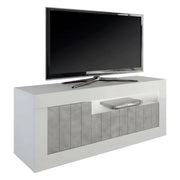 Mobile da soggiorno Porta Iole, Made in Italy, Credenza per Iole da salotto a 3 ante e ripiani, cm 138x56h42, colore Bianco lucido e cemento