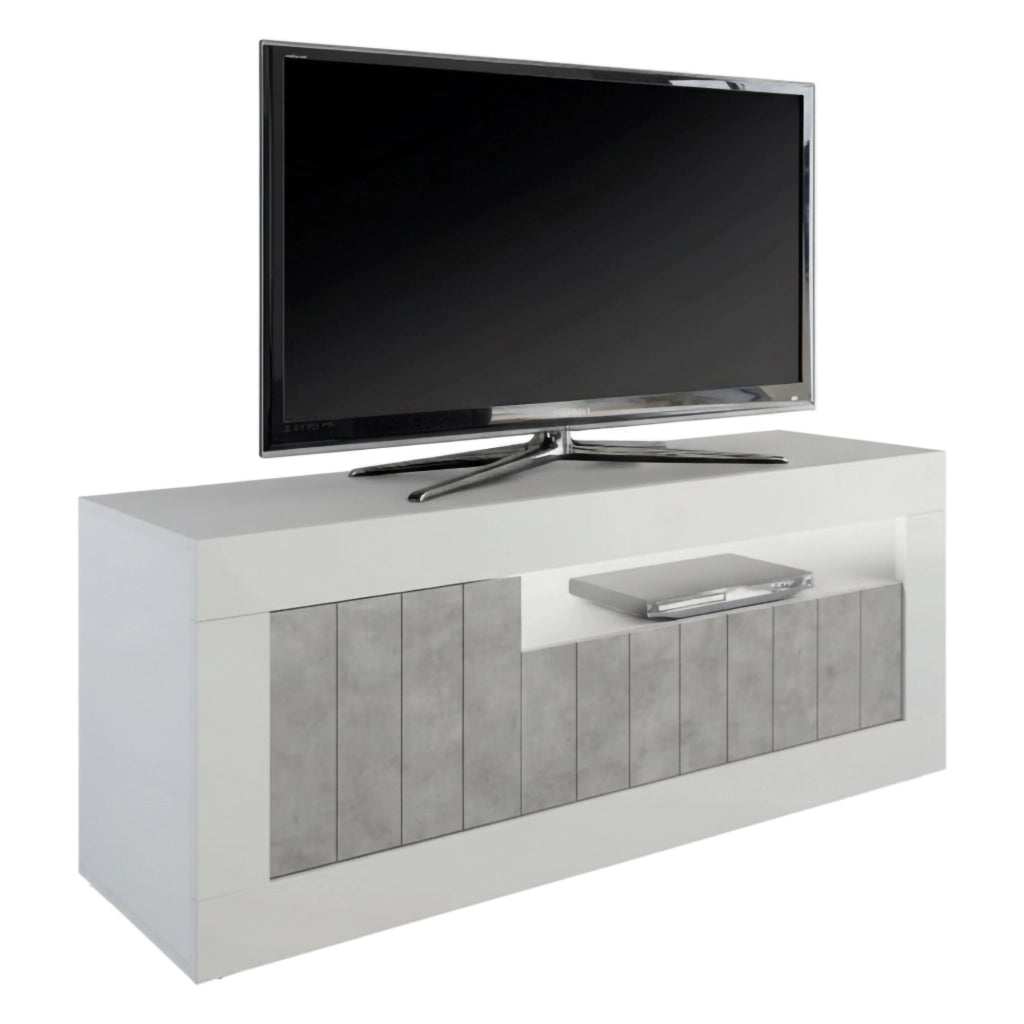 Mobile da soggiorno Porta Iole, Made in Italy, Credenza per Iole da salotto a 3 ante e ripiani, cm 138x56h42, colore Bianco lucido e cemento