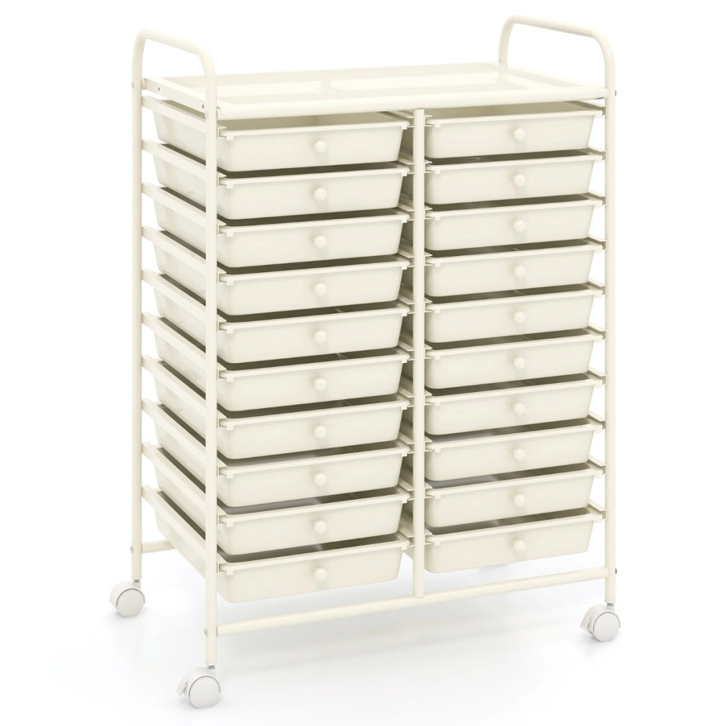 Carrello cassettiera multiuso e leggero con 20 cassetti, Contenitore con ruote per ufficio e casa Bianco