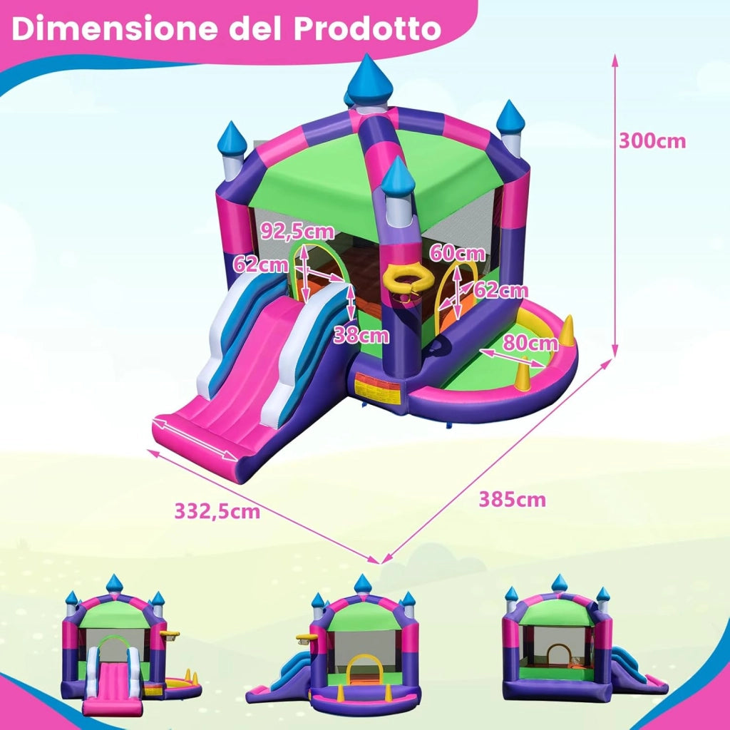 Castello Gonfiabile con Tettuccio, Casa Gonfiabile con Scivolo, Trampolino e Canestro da Basket, per 2 Bambini di 3-10 Anni, 385 x 332,5 x 300 cm
